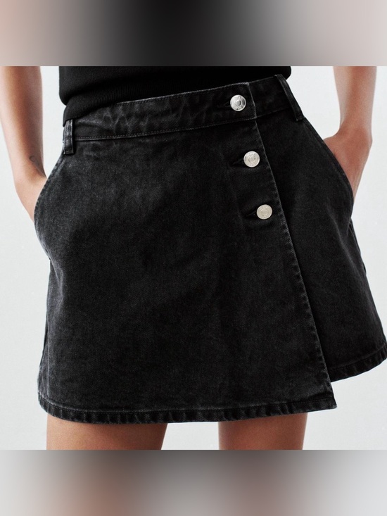 Zara Dresses & Skirts - Zara Washed Black Denim Mini Skort with Button Front Size M Casual Classic
